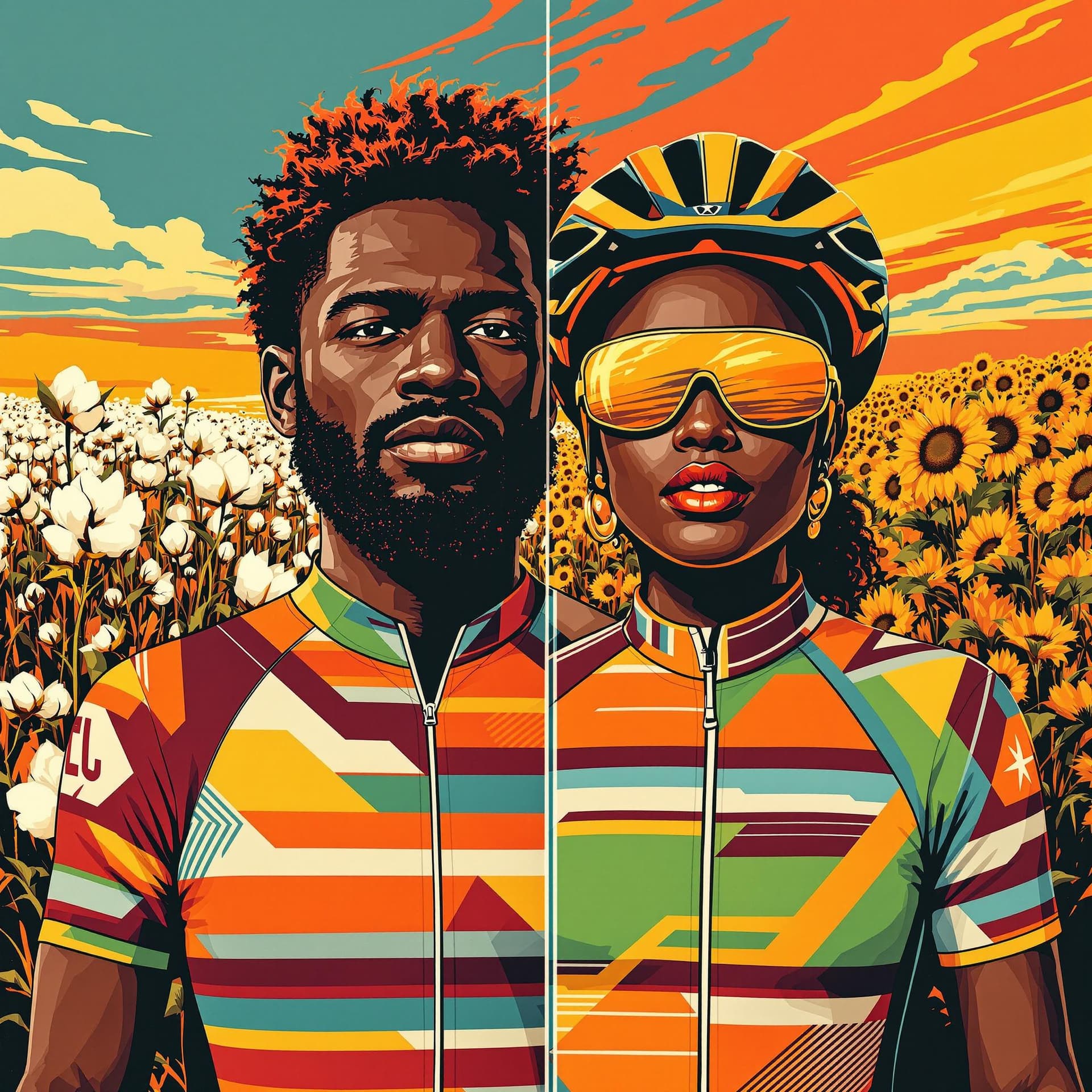 AI generated: Retro poster, vibrant, stylized pop art illustration featuring a man and a woman with dark skin. the...