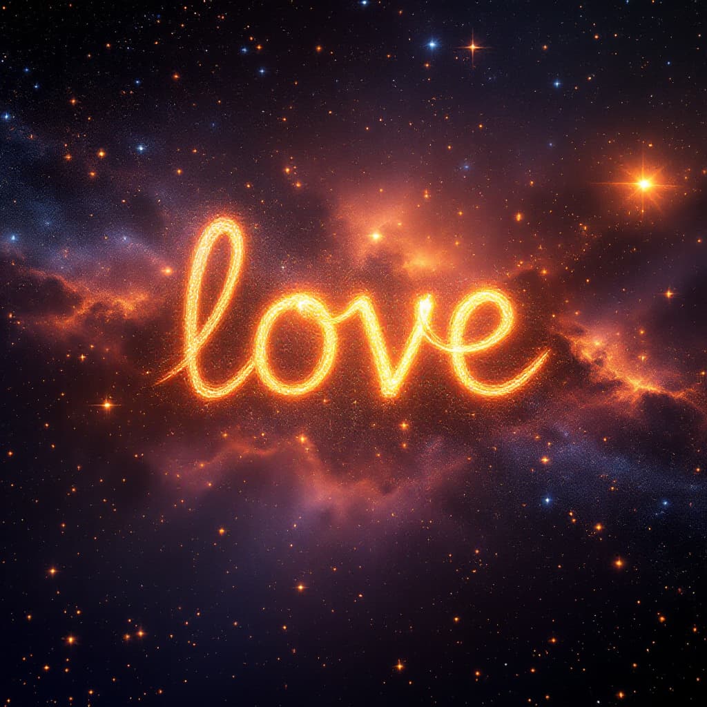 AI generated: A vast universe scene with the word “love” written in the middle, glowing in gold and shiny light re...