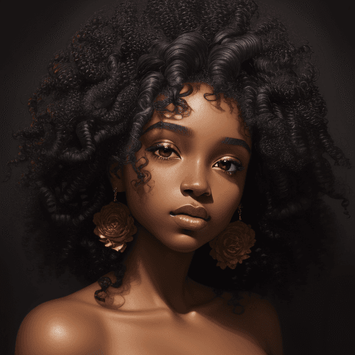 AI generated: Face of a beautiful black girl with curly hair, painted with golden composition, dark gray, freestyl...
