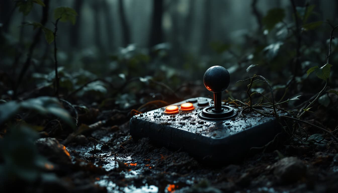 AI generated: "A realistic image of a joystick abandoned in a dense forest at night, partially buried in mud and e...