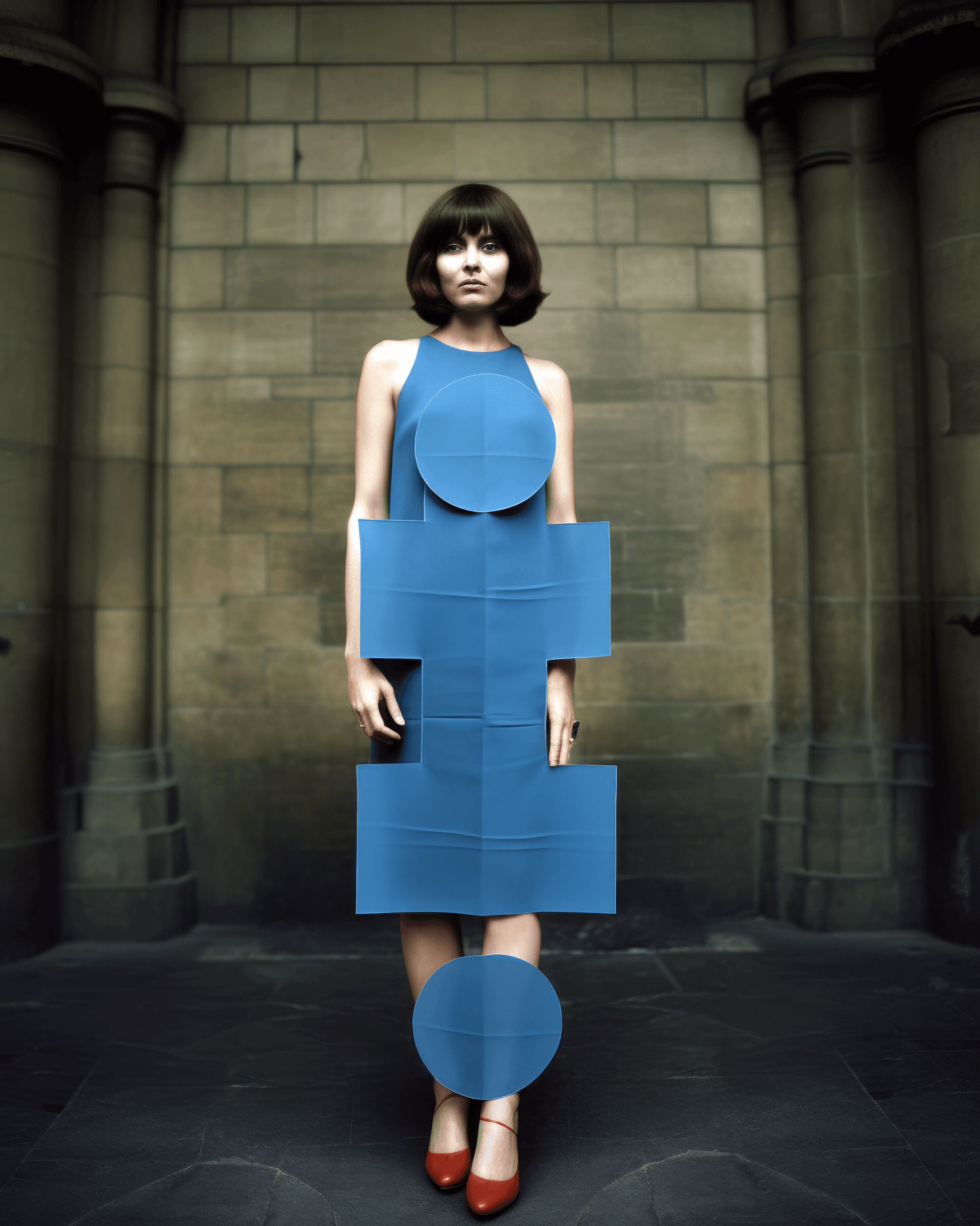 AI generated: a woman in a blue dress is posing for a magazine, in the style of balanced asymmetry, shiny, 1970s, ...