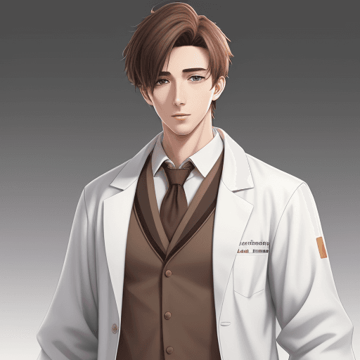 AI generated: young male handsome doctor, whiteskin ,brown hair, white lab coat, anime style, 4k