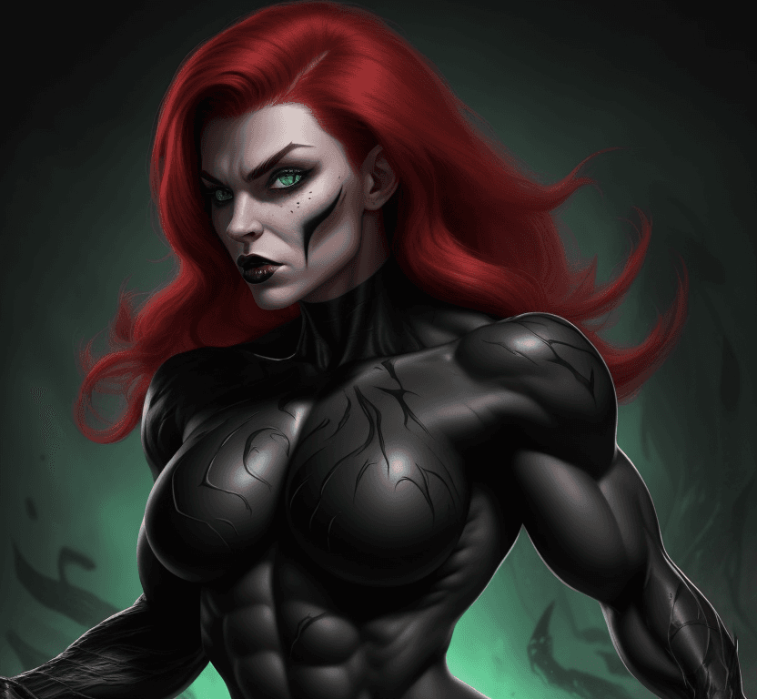 AI generated: 1 young beautiful bodybuilder woman with a wide strong jaw wearing a black monster symbiote, red hai...