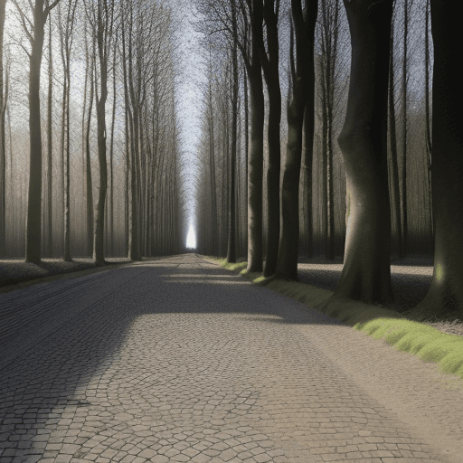 AI generated: stretch of the Arenberg Forest, of the Paris-Roubaix cycling race, in anime style, showing the paved...