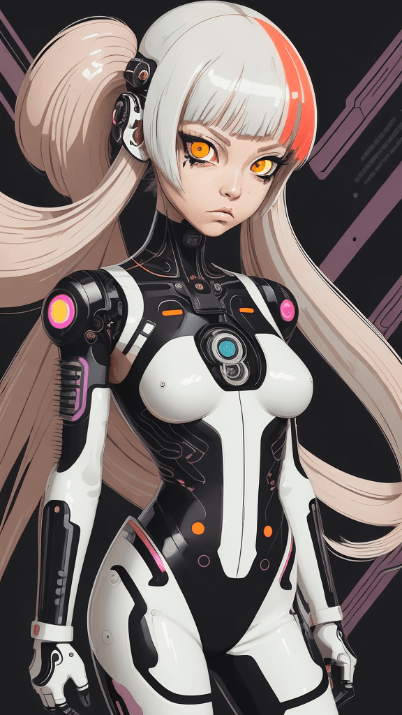 AI generated: in a neutral background portrait of little (Cyborg female):1. 1, Prominent eyes, funky background, i...
