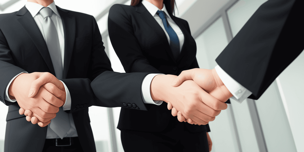 AI generated: Draw two business figures (maybe in suits) shaking hands firmly, signifying a strong bond.  Show fac...