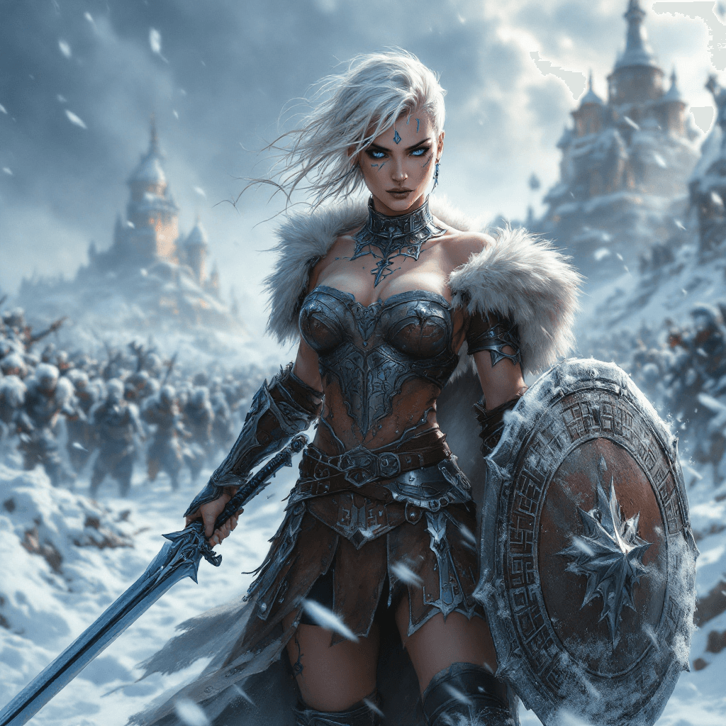 AI generated: 4. The Runeblade Valkyrie of the Northern Storm: A fierce warrior with short, platinum blonde hair, ...