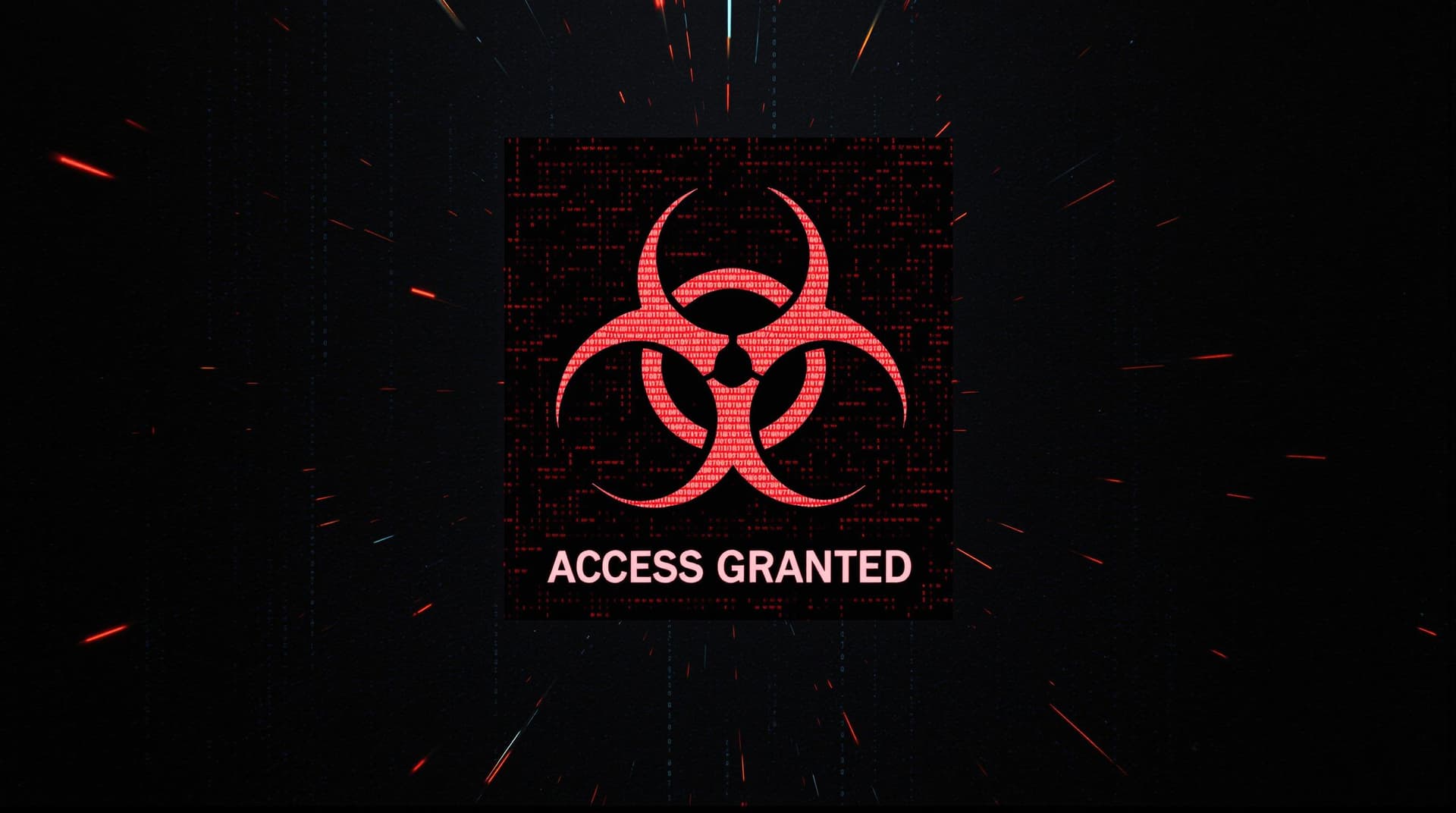 AI generated: Biohazard QR code floating in digital void, binary rain background, 'ACCESS GRANTED' in corrupted fo...