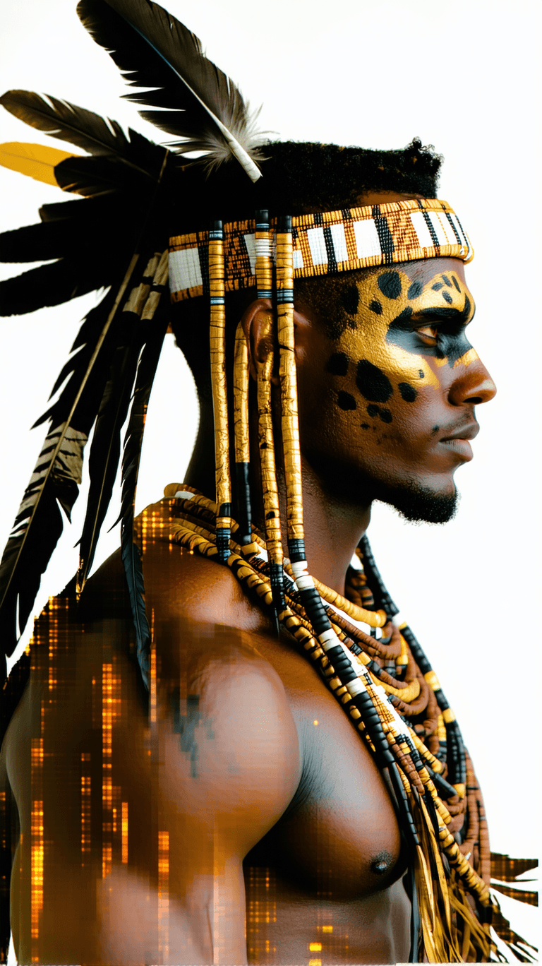 AI generated: 📷 African warrior chief with tribal panther makeup gold accents on a white background. Side profile...