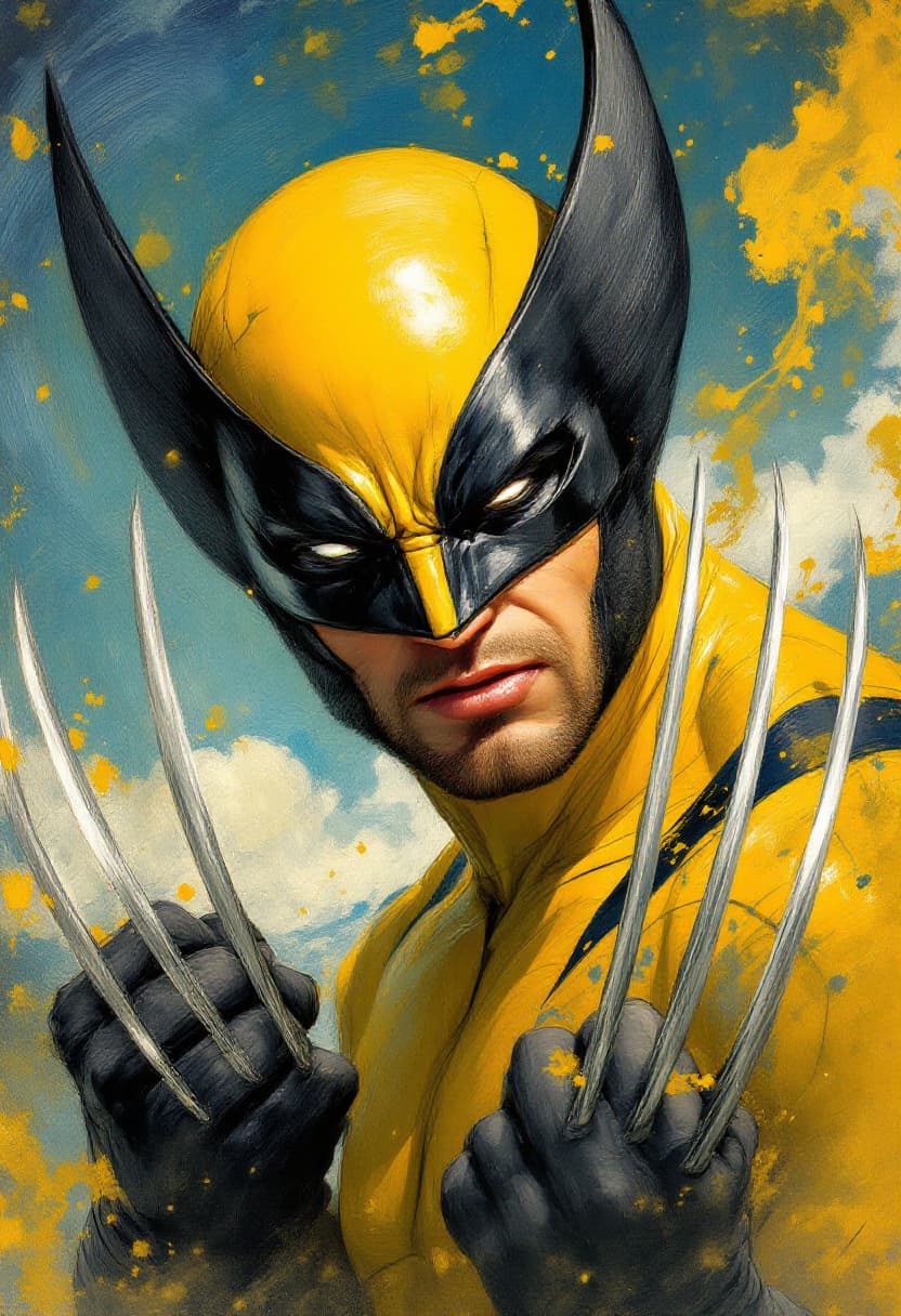 AI generated: 45 degree angled portrait. Dynamic pose. Wolverine, masked, in yellow, showing sharp claws as weapon...