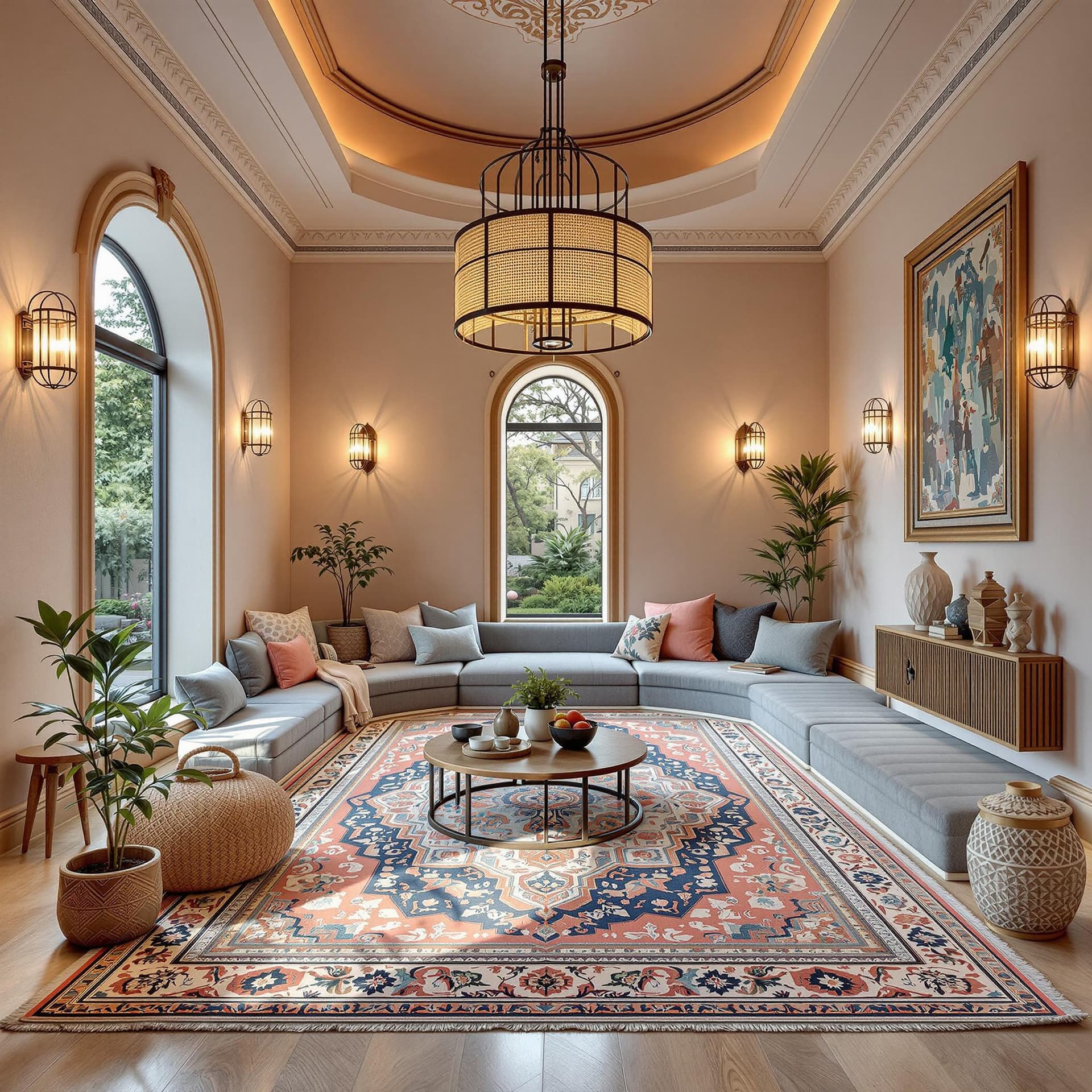 AI generated: High resolution photography of interior design, a dreamy sunken living room conversation pit with Pe...