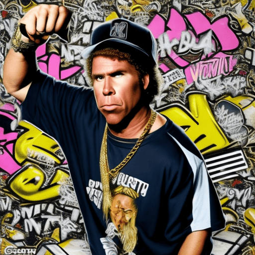 AI generated: will ferrell as an urban gangsta rapper wearing a gold chain necklace, crouching in a gangsta pose i...