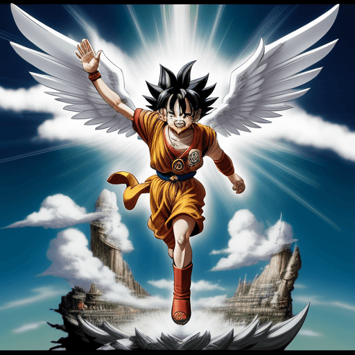 AI generated: Toriyama Akira's comic IP Goku, with white angel wings behind him and an angel ring on his head, wav...