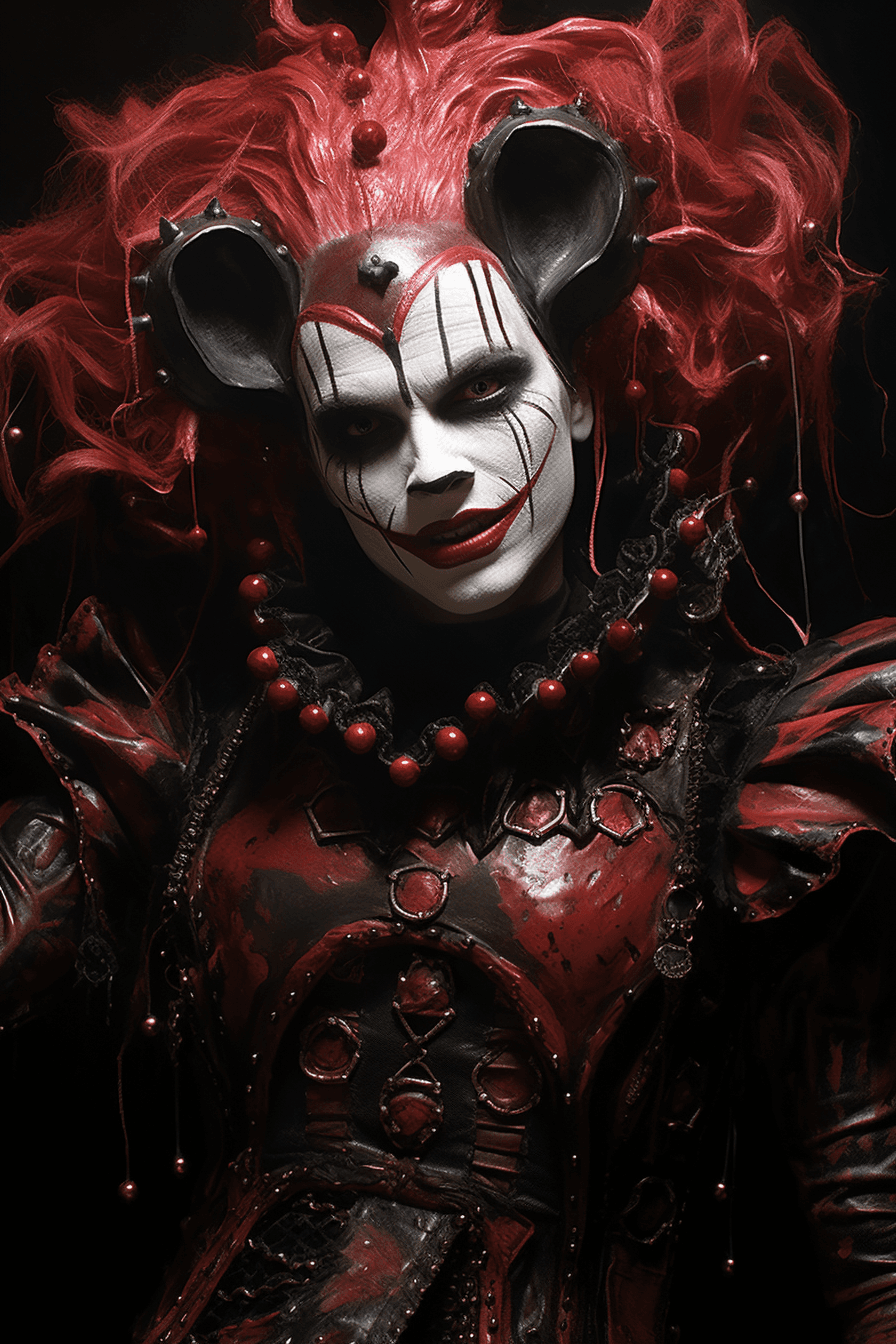 AI generated: Painting offemale punk clown costume by robin, full body, in the style of dark and dramatic chiarosc...