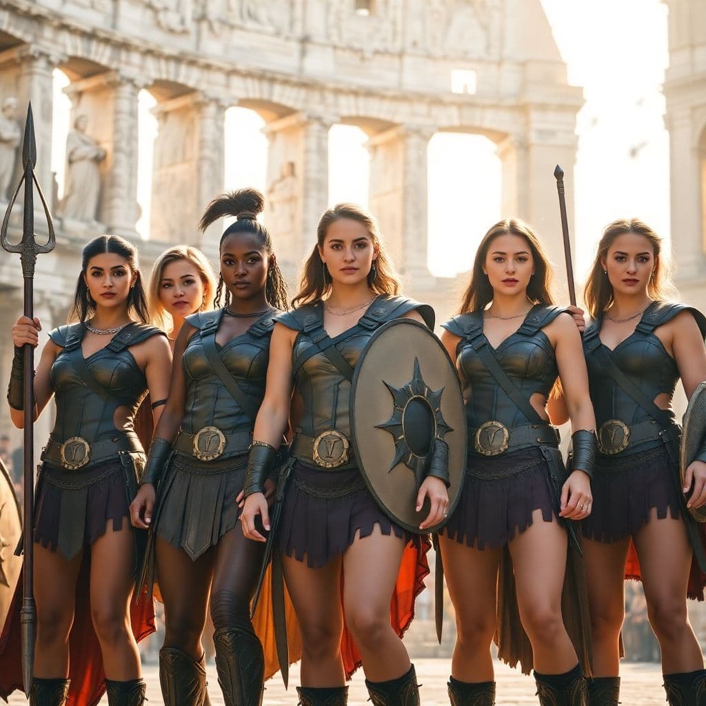 AI generated: "A group of seven fierce, multiracial superheroines standing together in the heart of ancient Rome, ...