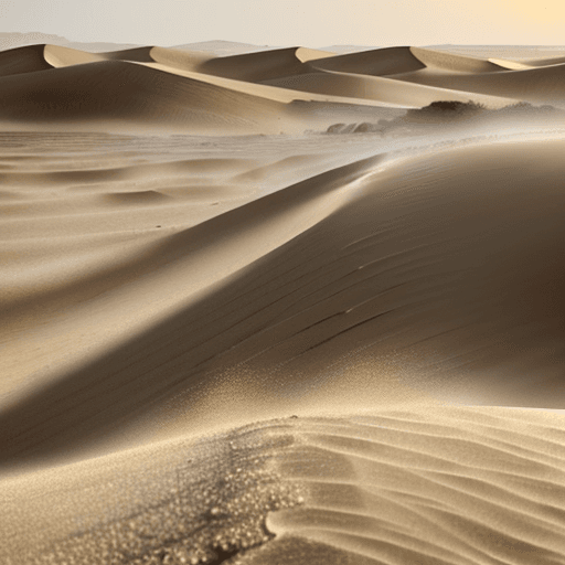 AI generated: Dust bowl - showing sand in the foreground.  Style should be windswept but with a warm hue.
