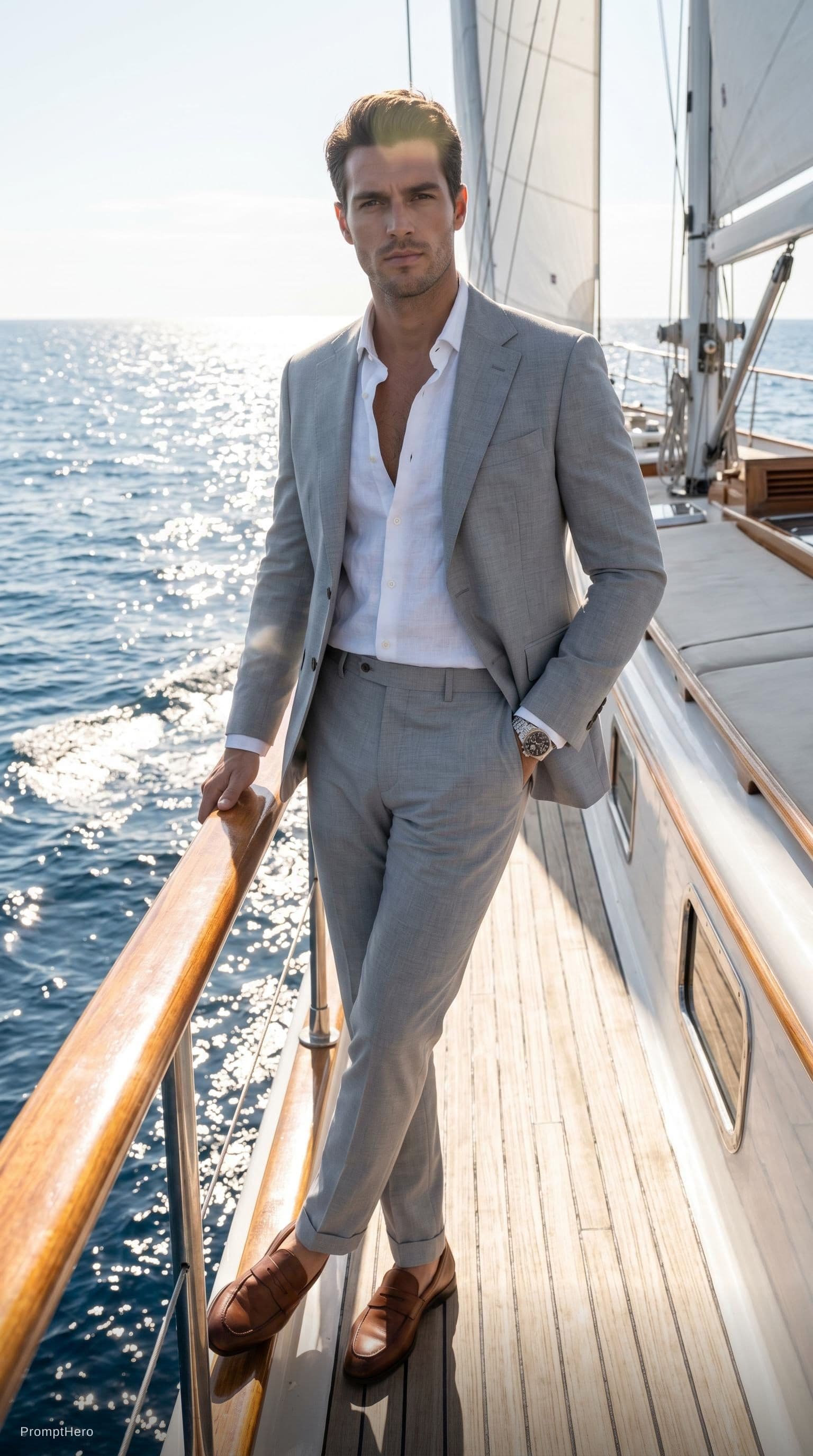AI generated: Create a high-end fashion image of a male model wearing a tailored summer suit with an open shirt. P...