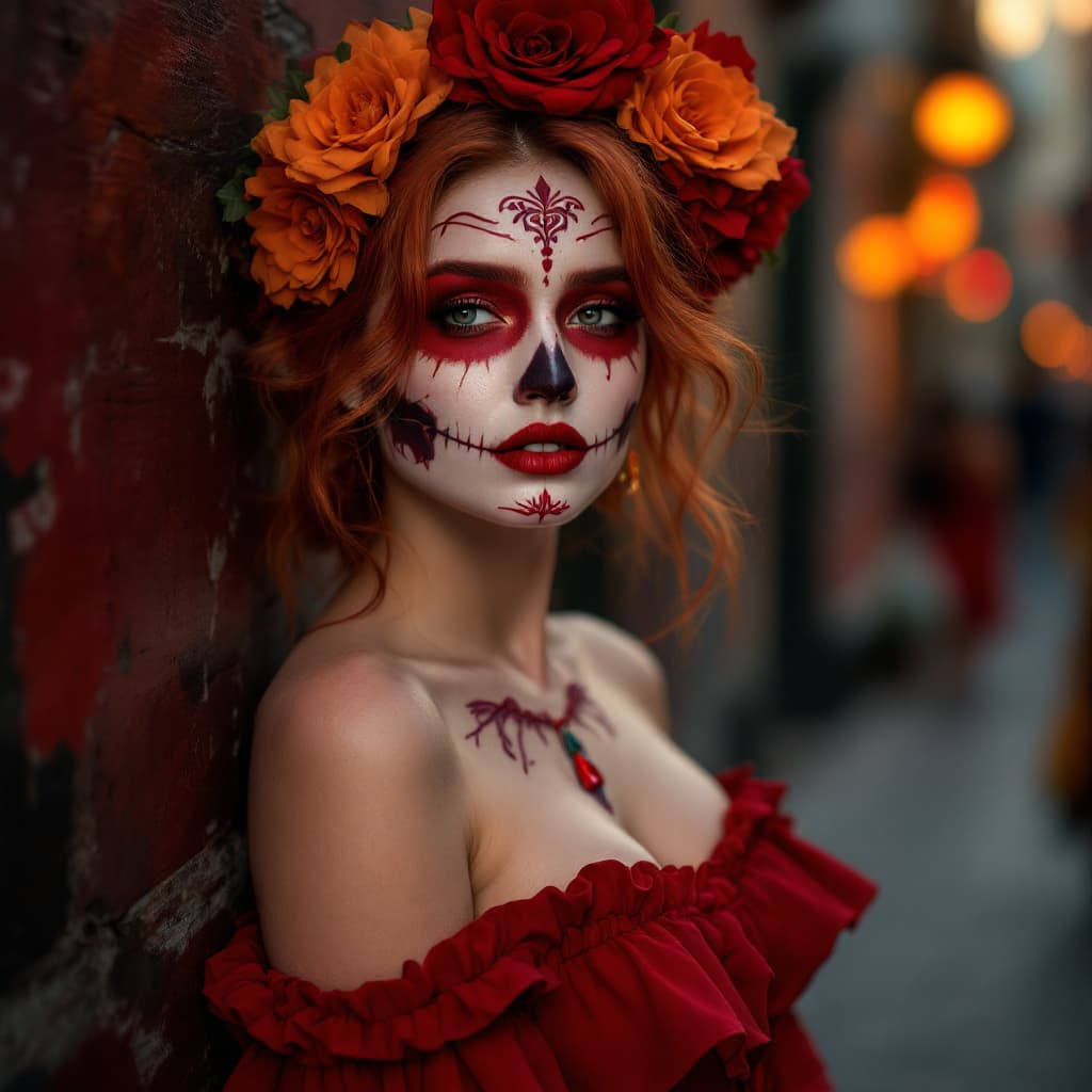 AI generated: Dia de Muertos in Mexico City, ultra-realistic, photography, medium shot, a beautiful woman, red-hea...