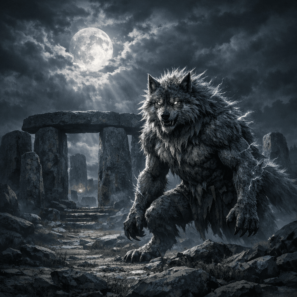 AI generated: werewolf old gray Kenny standing protectively in front of ancient stone circle, muscles tense but no...