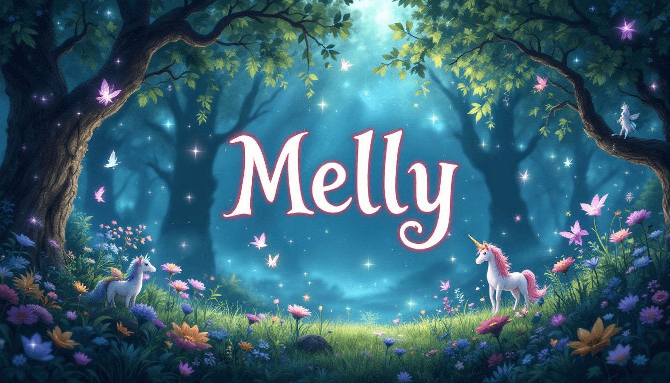 AI generated: Design a whimsical, fairy-tale banner set in an enchanted forest. The name 'Melly' should be placed ...