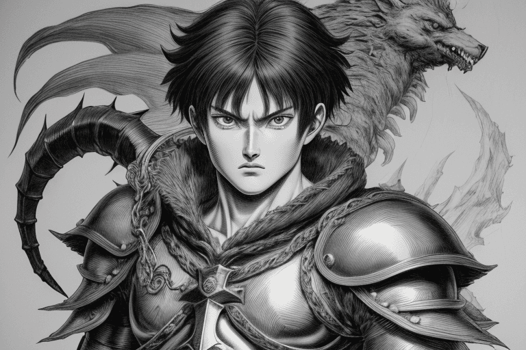 AI generated: monochrome, a man with big eyes, brown hair with tuft, in golden armor, manga, ((without helmet)), b...