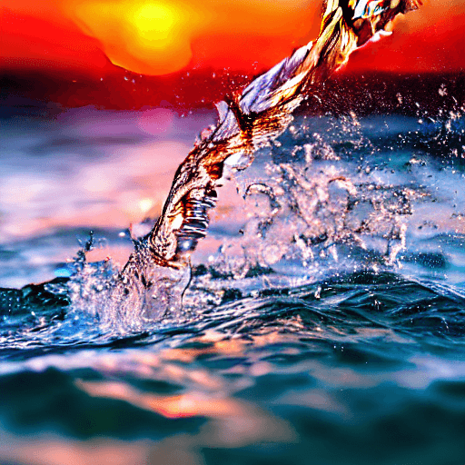 AI generated: hyperrealistic photo of a fist breaking through the ocean surface, hyperdetailed, sunset, sharp focu...