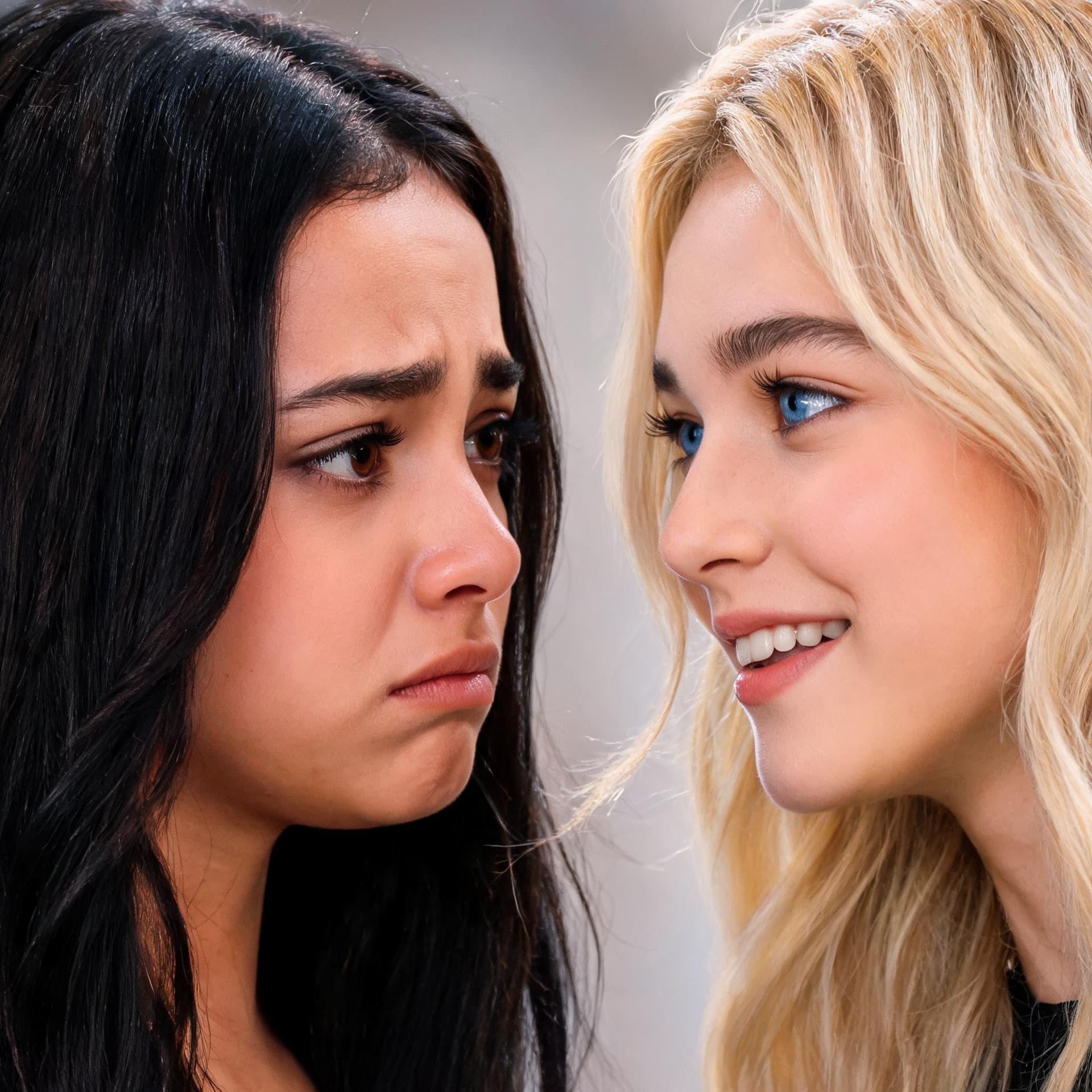 AI generated: a mexican raven haired beauty brown eyes looking at an american blue eyed blonde the blonde looks de...