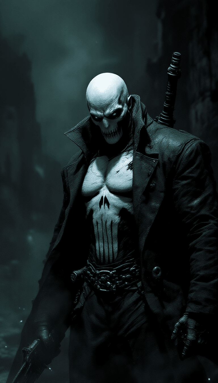 AI generated: dystopian style The evil grotesque Punisher. bleak, post-apocalyptic, somber, dramatic, highly detai...
