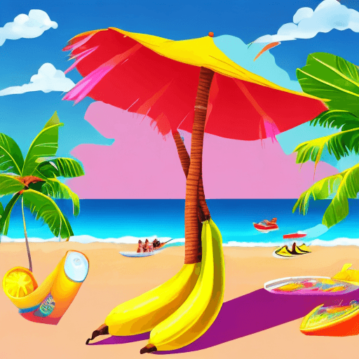 AI generated: A vibrant banana, cheerful and playful, tropical beach, bright and sunny, digital illustration --ar ...