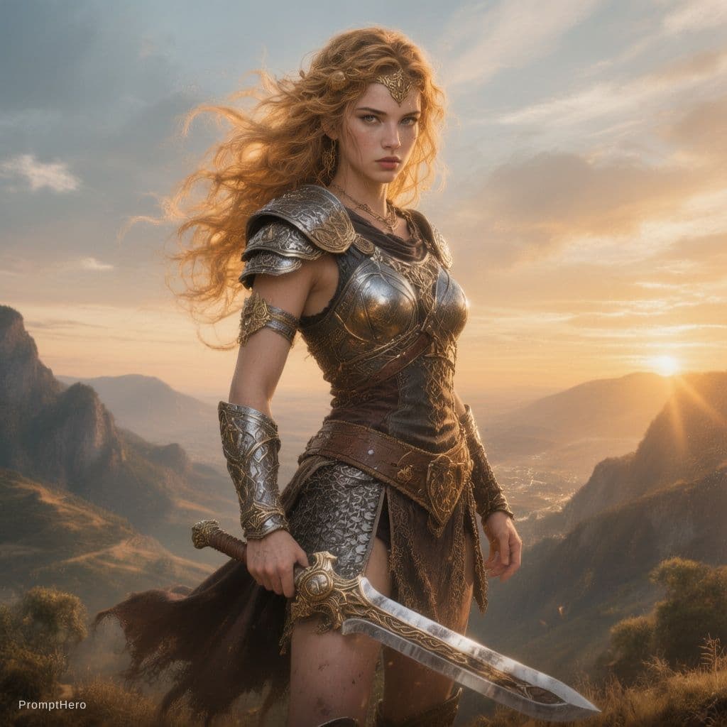 AI generated: Stable Diffusion prompt: poster of warrior princess| standing on hill |cent...