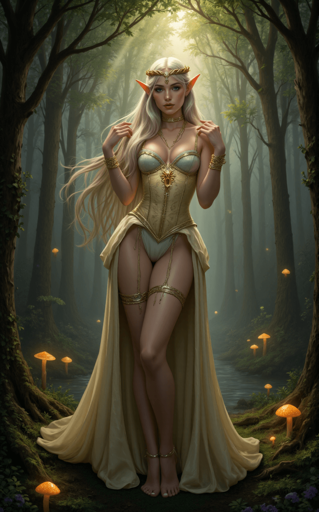 AI generated: An elven queen stands at the forest’s luminous heart, tall and willowy with a dancer’s poise, her lo...