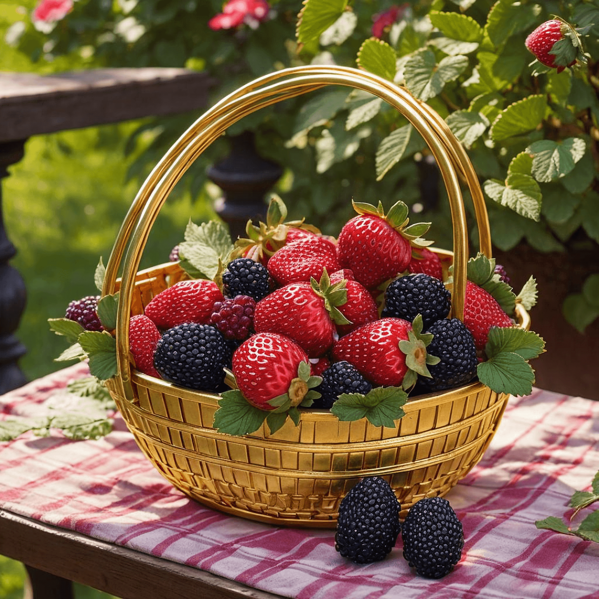 AI generated: Victorian gold basket with red fruits: strawberry, blackberry and cranberry, extremely detailed and ...