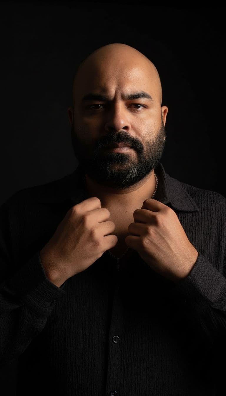 AI generated: A dramatic low-key portrait of a young man with a neatly groomed beard, standing against a completel...