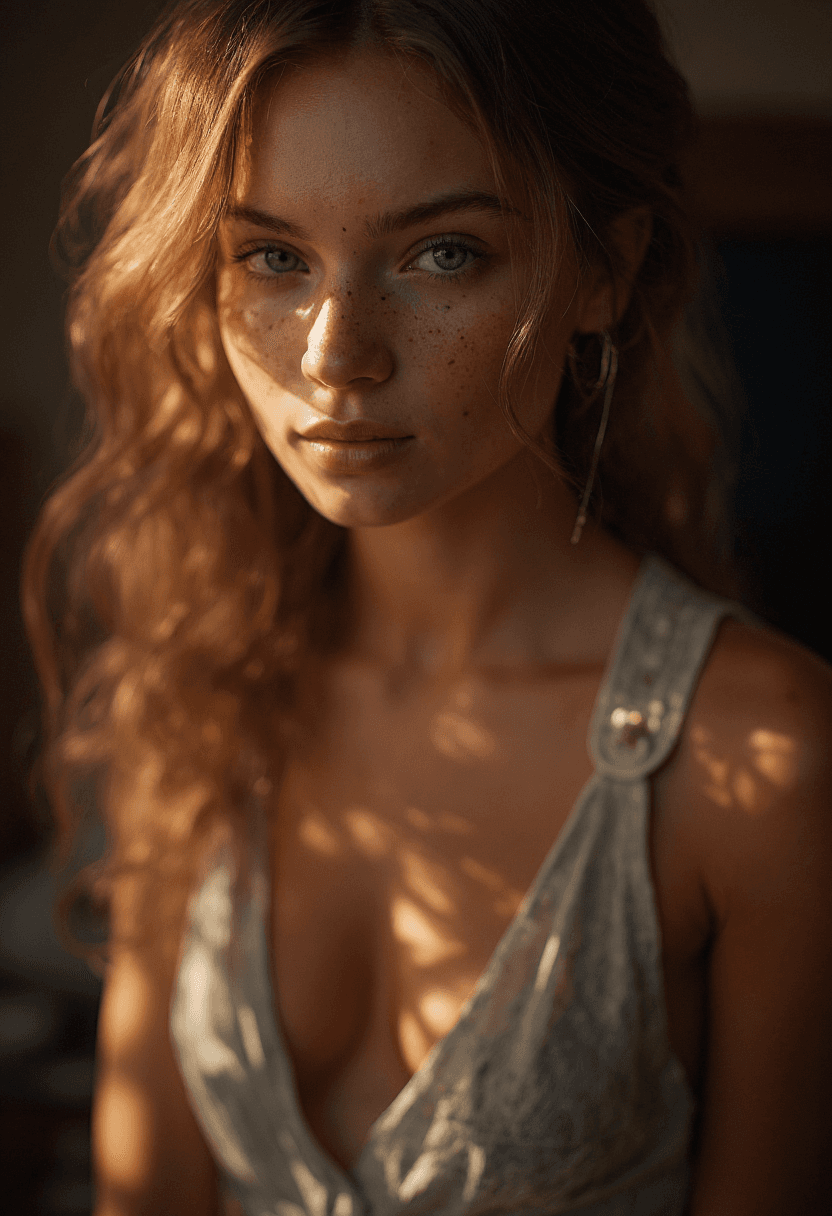 AI generated: A hyperrealistic photo of a woman with a captivating, mesmerizing stare, her freckled skin glowing u...