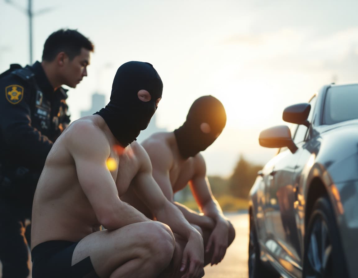 AI generated: Police arrest three Chinese men athletes next to a car during the day. Their kneels are down. They w...