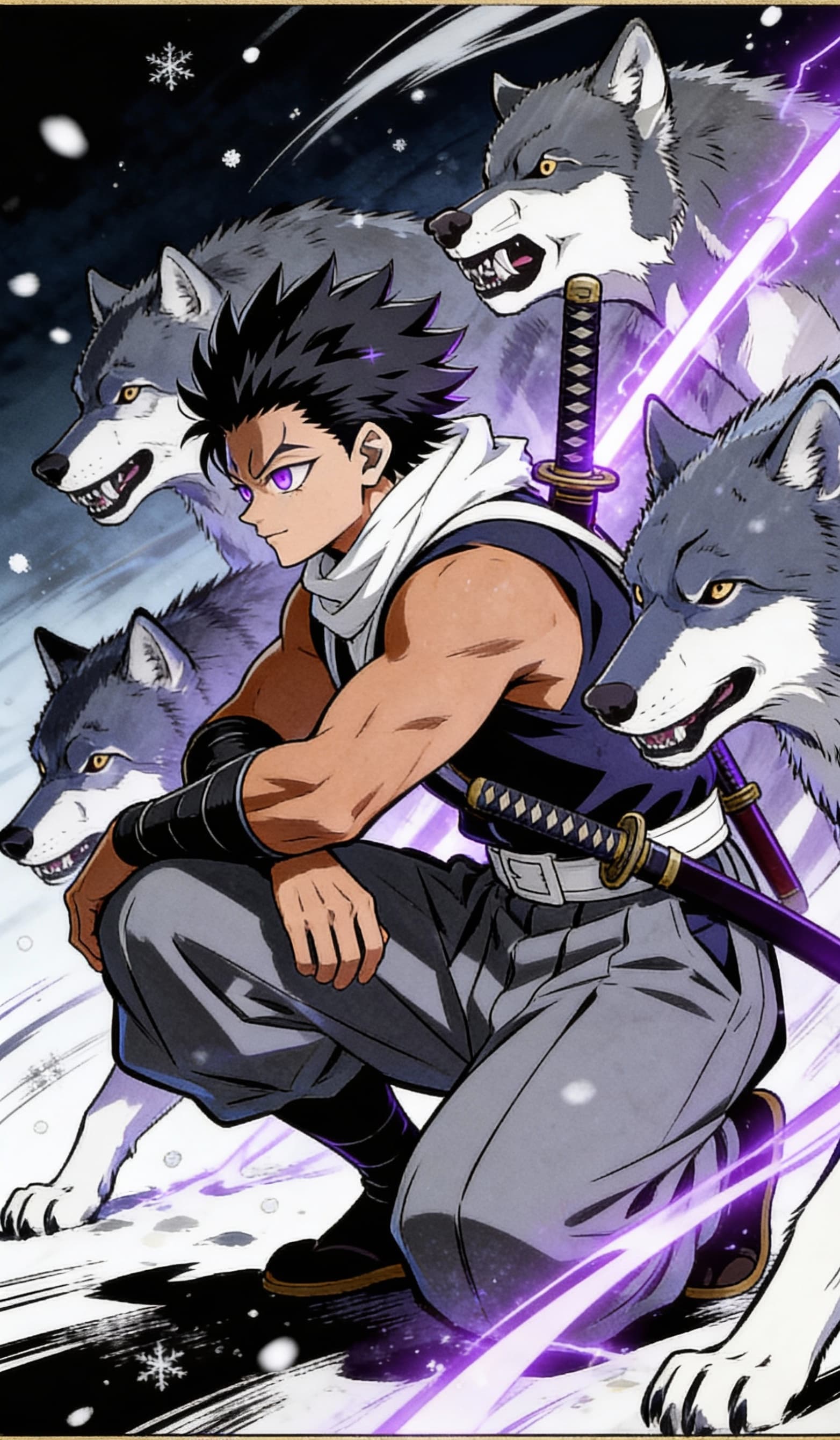 AI generated: Side profile anime warrior crouching low in a defensive pose, one knee raised and one arm resting on...