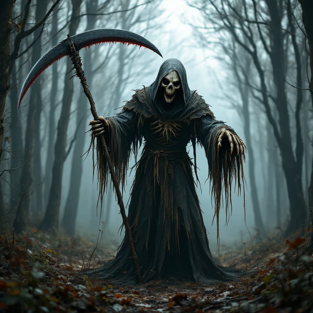 AI generated: terrifying photorealistic full body scarecrow holding a grim reaper scythe in a dark forest for a ch...