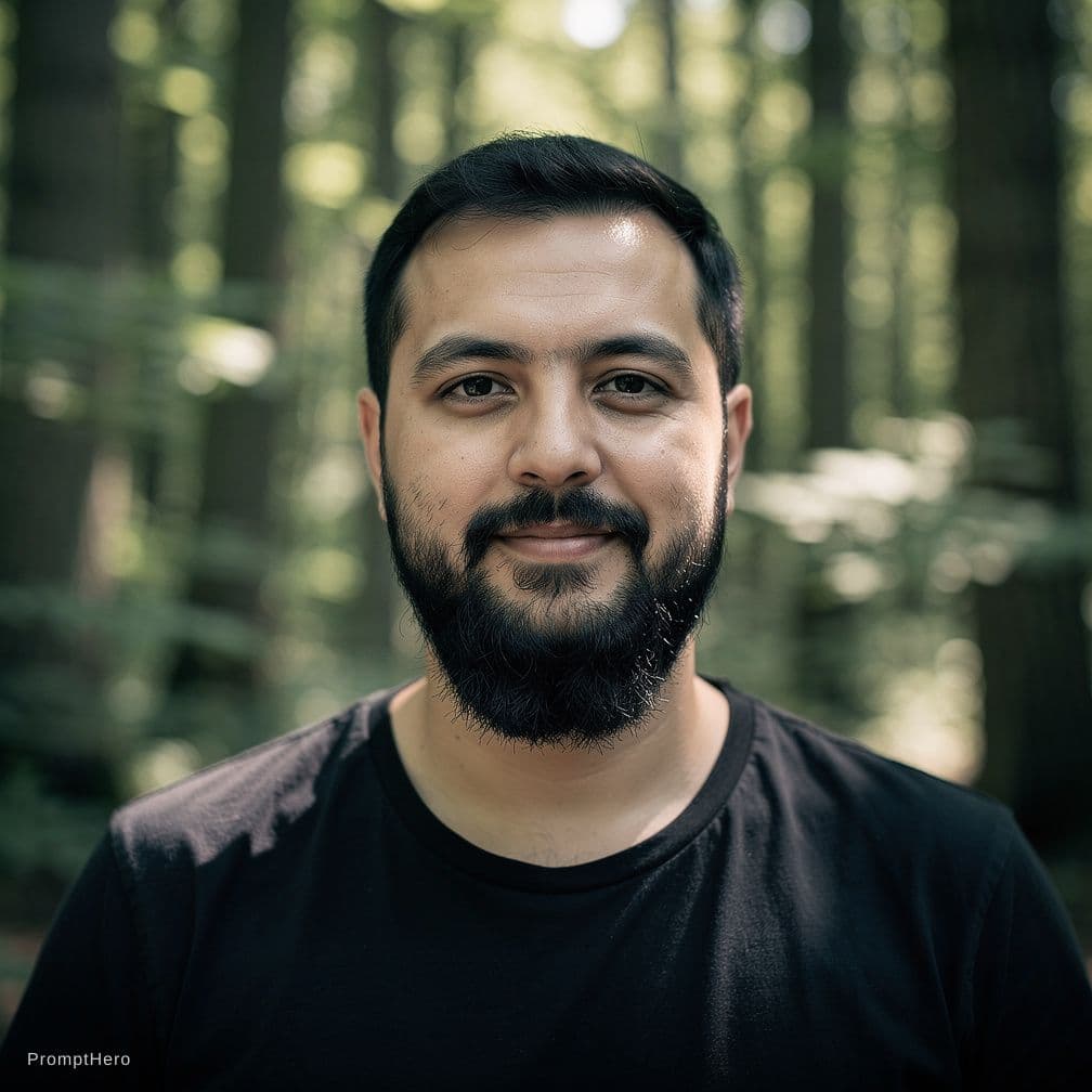 AI generated: average male with black beard and short hair in forest