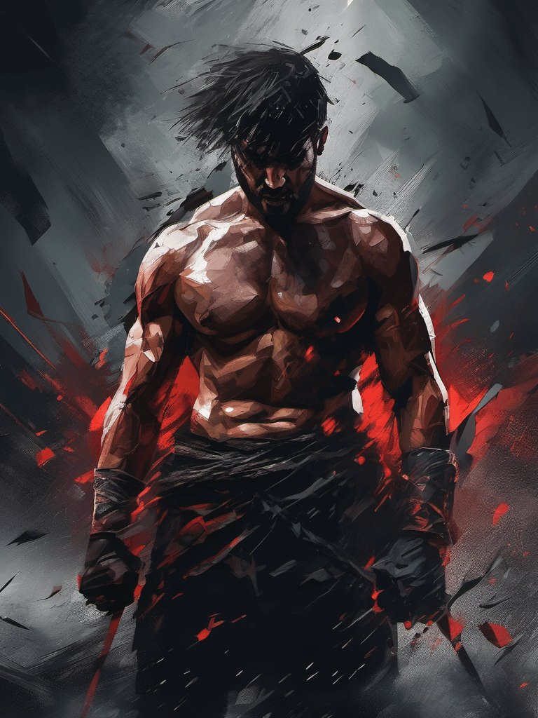 AI generated: broken but ready to fight, gloomy background, epic composition, brutal, cinematic, dramatic, digital...