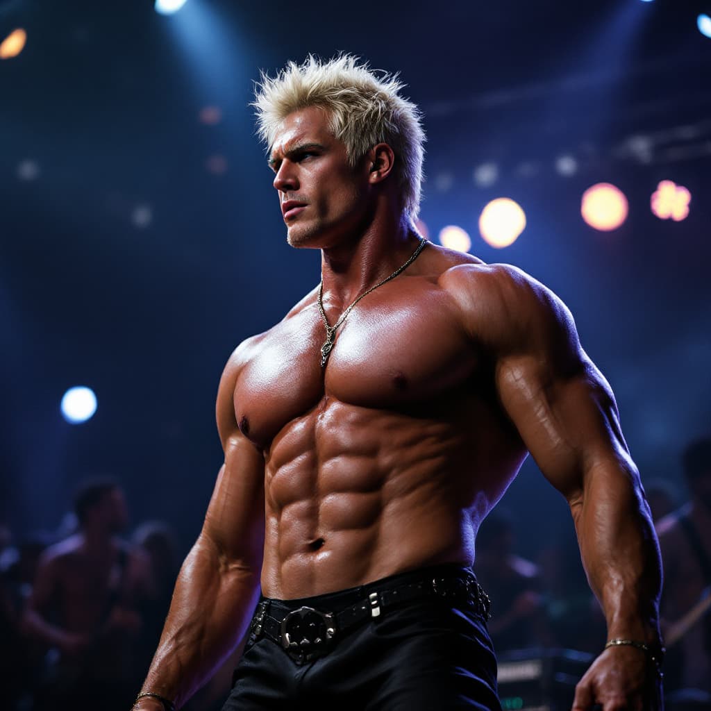 AI generated: high-resolution photo muscular man, platinum blonde hair, wearing wearing a jockstrap, onstage in a ...