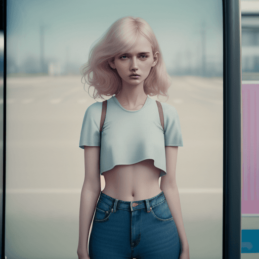 AI generated: a woman wearing a cropped top and jeans standing in front of the bus stop, in the style of Oleg Opri...