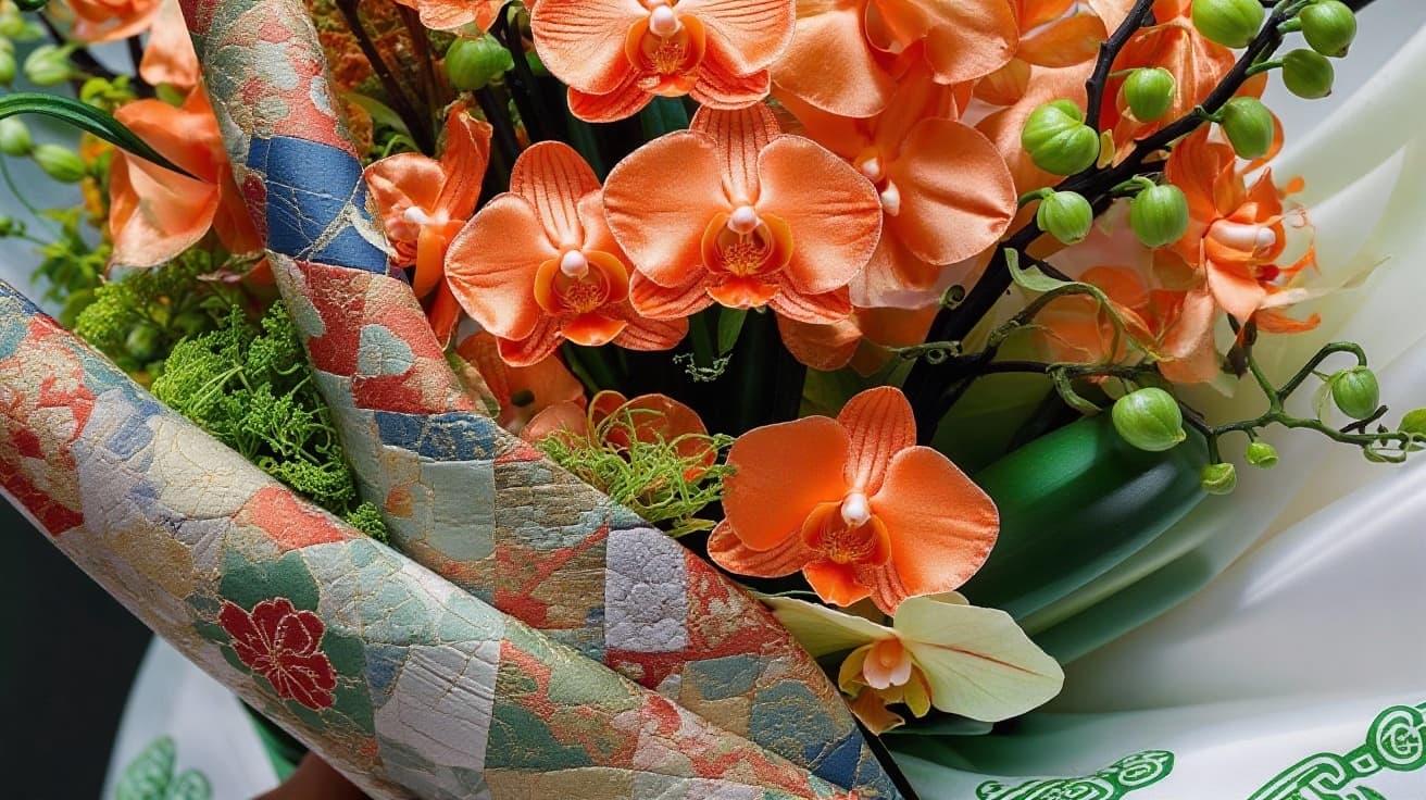 AI generated:  a work of art  in a  glossy satin silk fabric coral color orchid in 3d, each petals are  made of co...