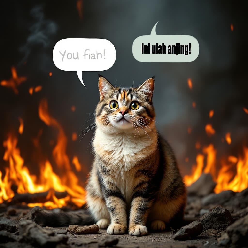 AI generated: A photorealistic image of a calm, innocent-looking cat sitting in the middle of a burning room. Flam...