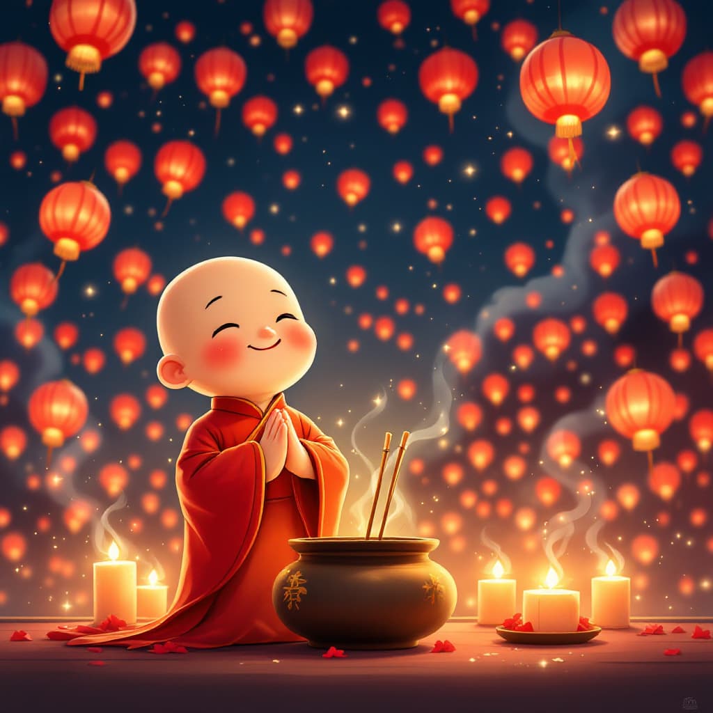 AI generated: A Japanese rendering of a cartoon of a cute little Chinese Taoist priest with his hands clasped toge...