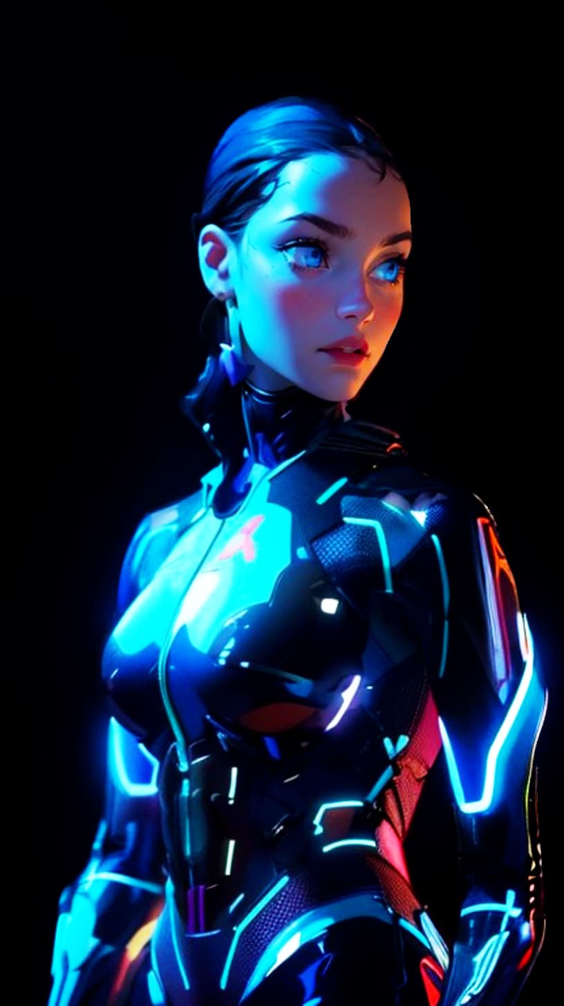 AI generated: A female android in sleek and shiny armor, with illuminating elements, no helmet, laid-back black ha...