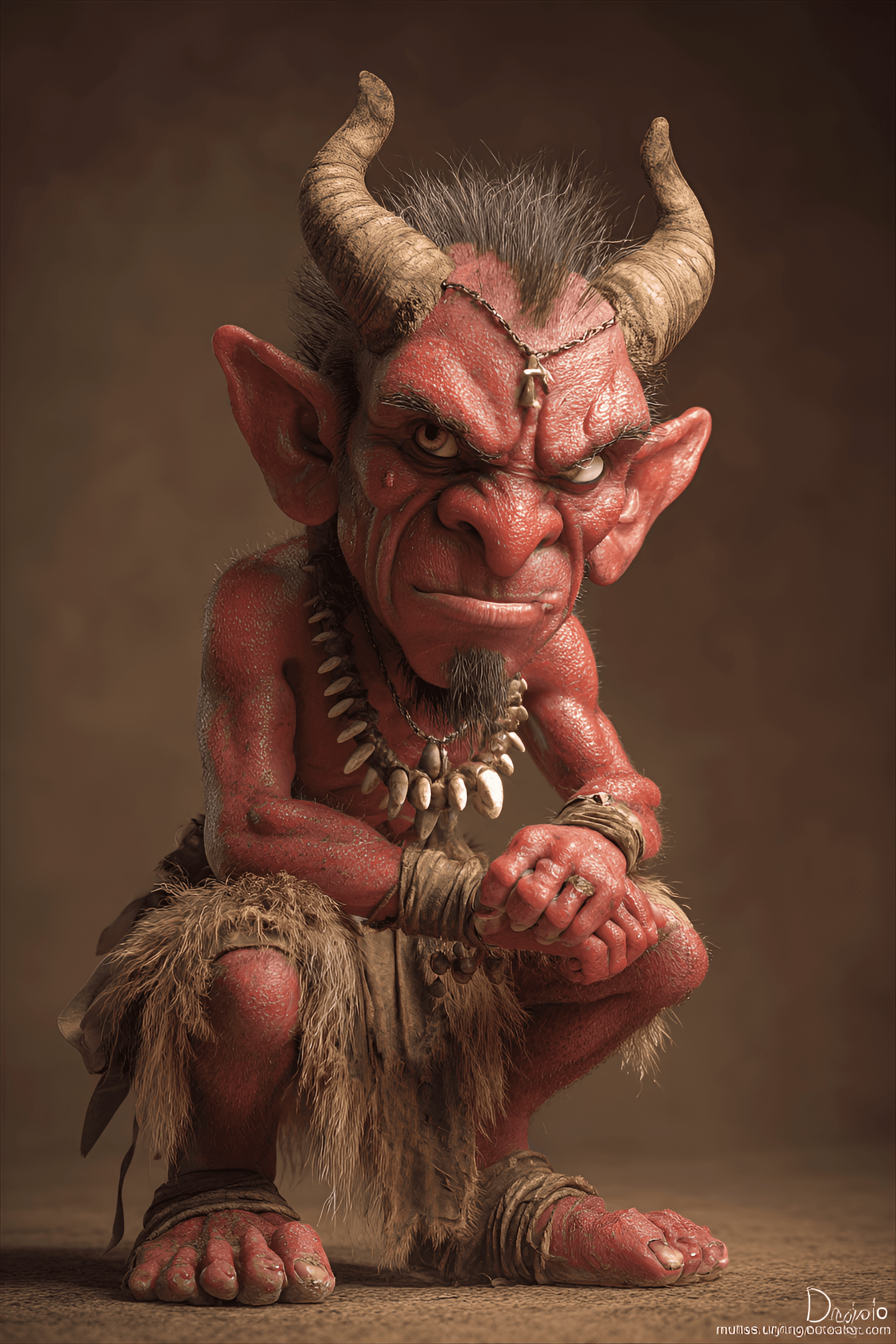 AI generated: funny caricature, tribal demon caricature, fictional red demon, ageless, red skin, horned, feral eye...