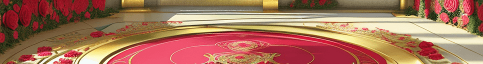 AI generated: 3d gold text embossed,pink backdrop,red heart,grand semi-circular door surrounded by a vibrant garde...