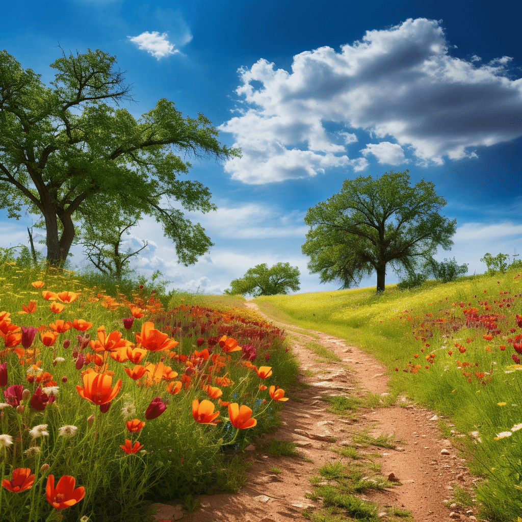 AI generated: ultra high res, summer in coming, summer landscape, flowers, by Simon Gaon, shutterstock, texas, hig...