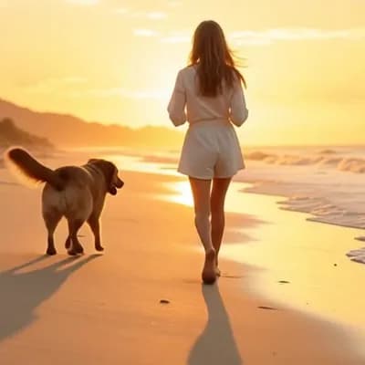 AI generated video: Realistic video of a young woman walking barefoot along a sunny beach with her dog during golden hou...