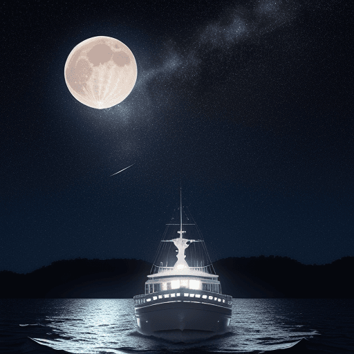 AI generated: Un barco flotando encima de la luna con muchas estrellas alrededor de ella y el sol brillante.